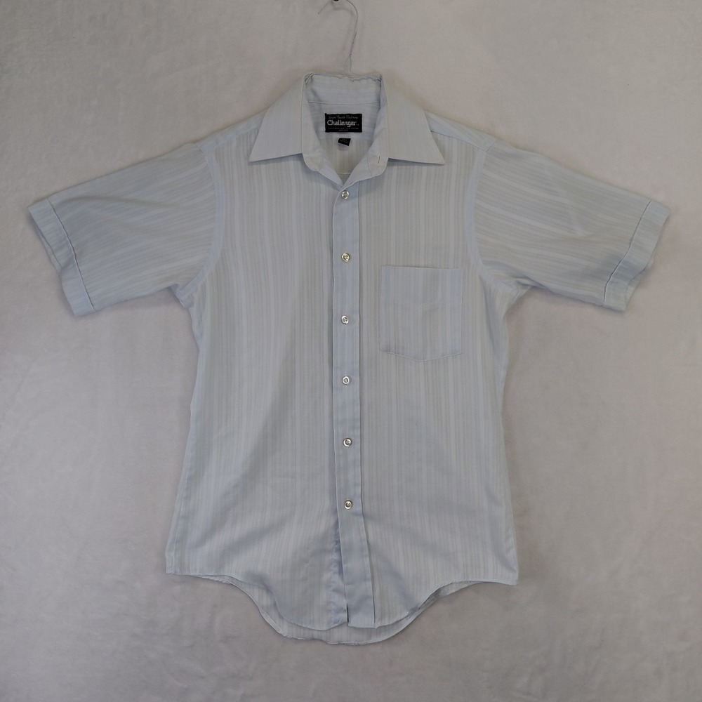 Vintage Challenger Mens Light Blue Striped Short Sleeve Button Up Shirt 14.5